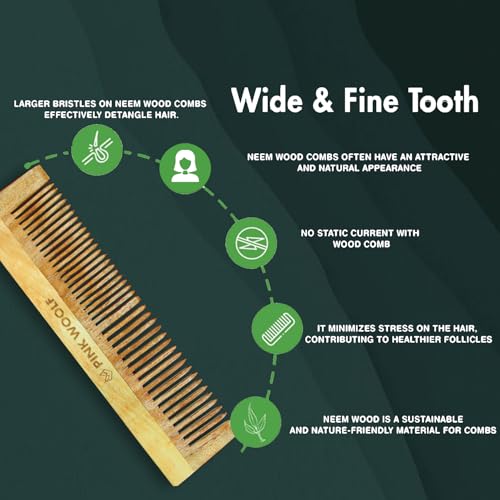 Pink Woolf Wooden Comb Set of 3 – Neem Wooden Hair Comb for Women & Men, Wide Tooth & Fine Teeth Anti Static Hair Comb, Natural Katchhi Neem Wood Grooming Comb, Pack Of 3 Wood Combs - Image 5