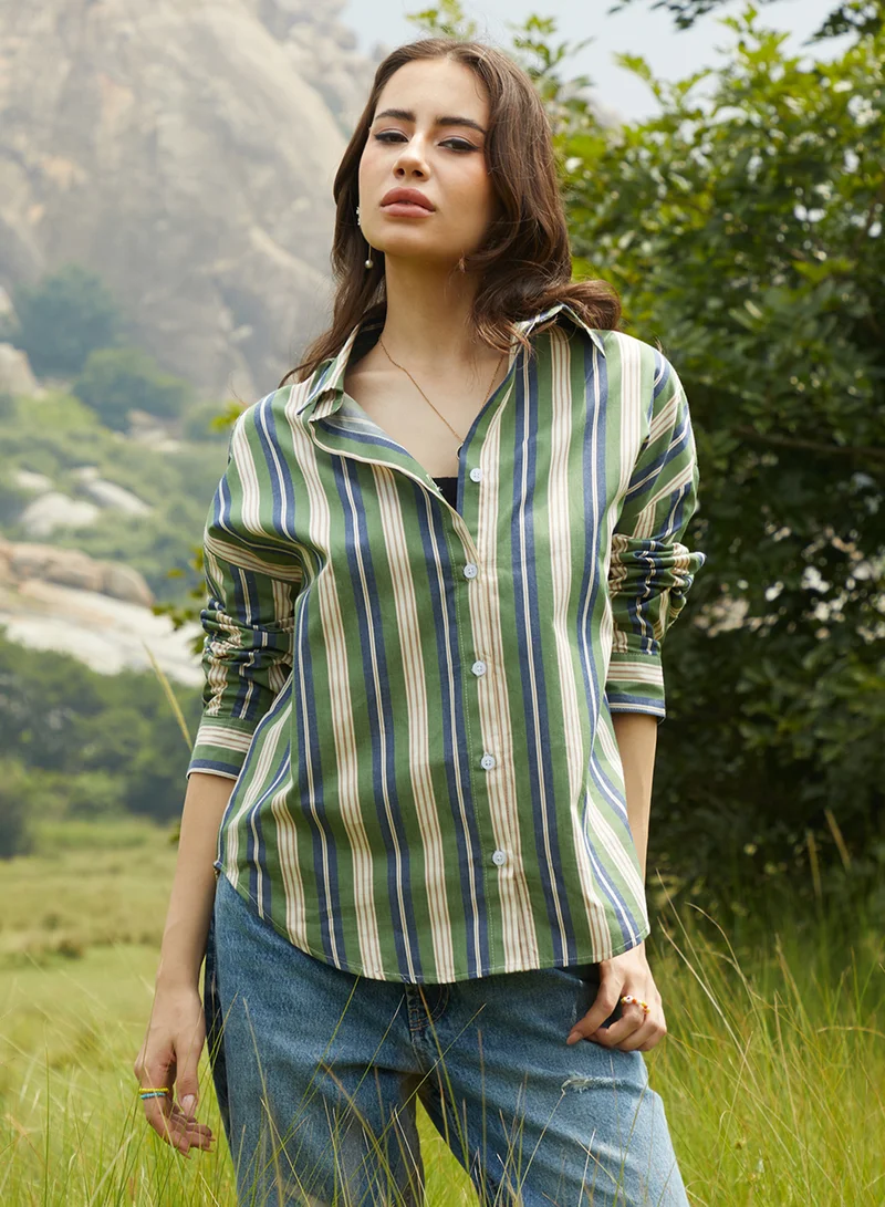 كامبوس سوترا Women's Army Green & Indigo Blue Halo Striped Oversized Shirt