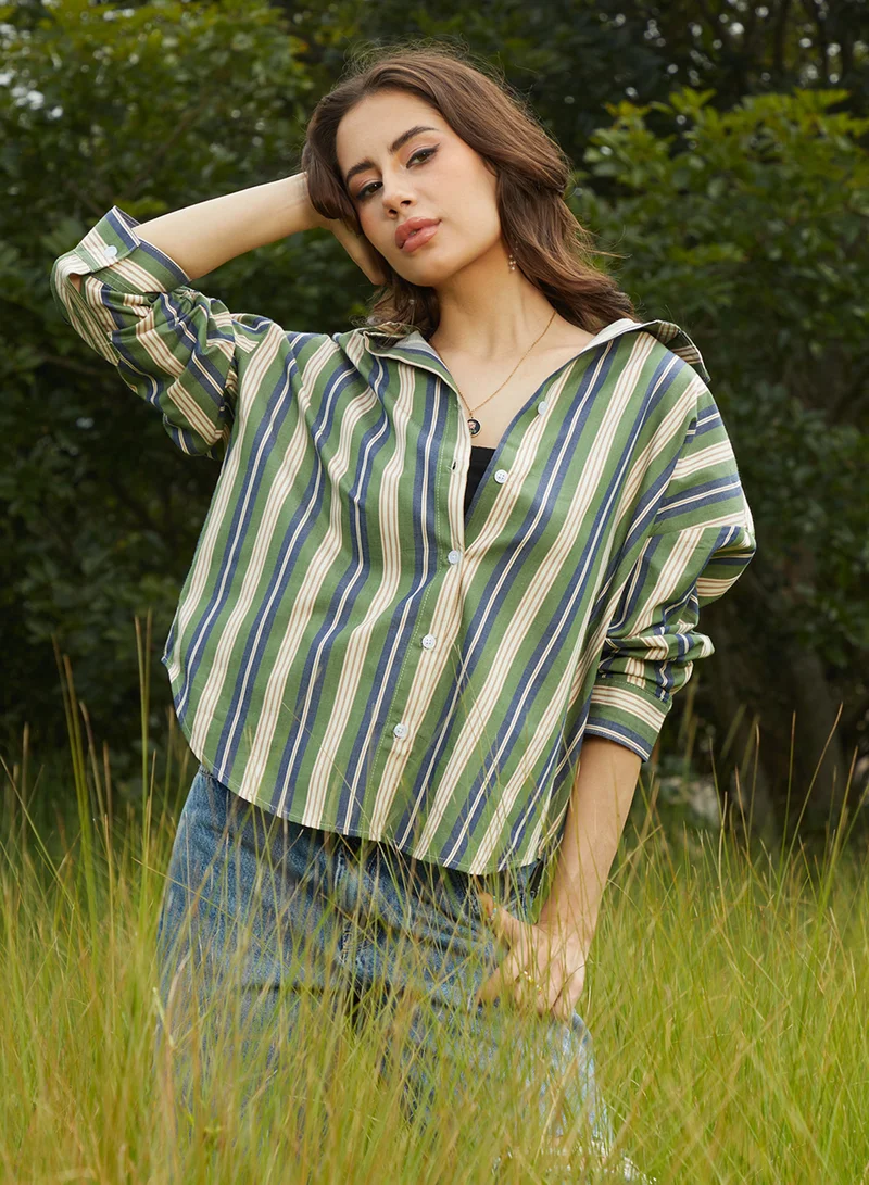 كامبوس سوترا Women's Army Green & Indigo Blue Halo Striped Oversized Shirt