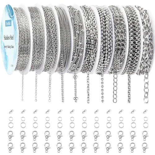 Ecoofor Necklace Chains for Jewelry Making, 78.7 Feet 10 Rolls Stainless Steel Jewelry Chains for DIY Necklace Bracelet Jewelry Making with Stainless Steel Jump Rings/Lobster Clasps/Connectors - Image 1