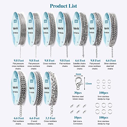 Ecoofor Necklace Chains for Jewelry Making, 78.7 Feet 10 Rolls Stainless Steel Jewelry Chains for DIY Necklace Bracelet Jewelry Making with Stainless Steel Jump Rings/Lobster Clasps/Connectors - Image 3