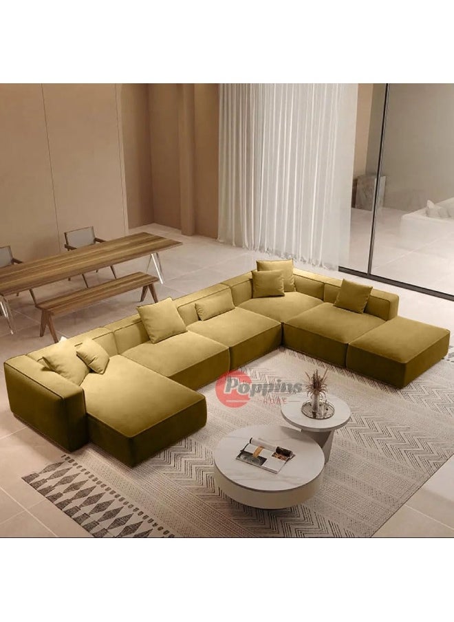 Poppins Home Luxurious Nordic U-Shape Majlis 7-Seater Sofa Set Premium Velvet Fabric Spacious Corner Sectional Design (Olive Green, RIGHT BED)  - Image 1
