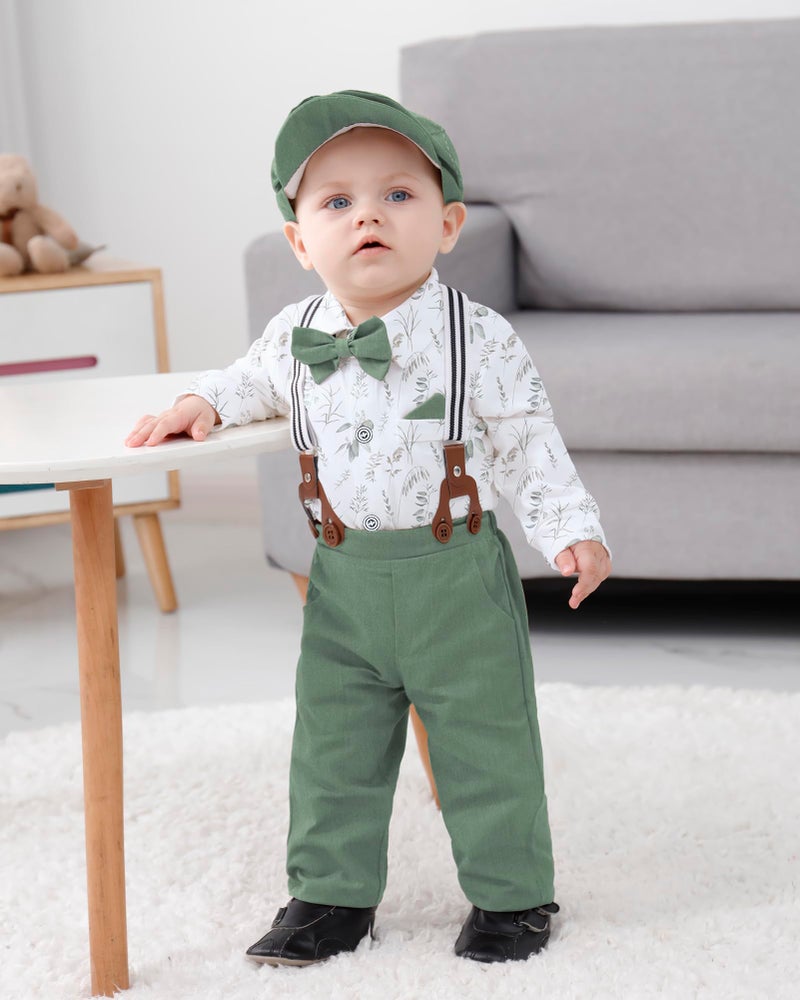 WESIDOM Baby Boy Clothes 0-24M Newborn Infant Gentleman Outfit, Shirt+Bowtie+Beret+Suspender Pant Baby boy Suit Clothing Set - Image 3