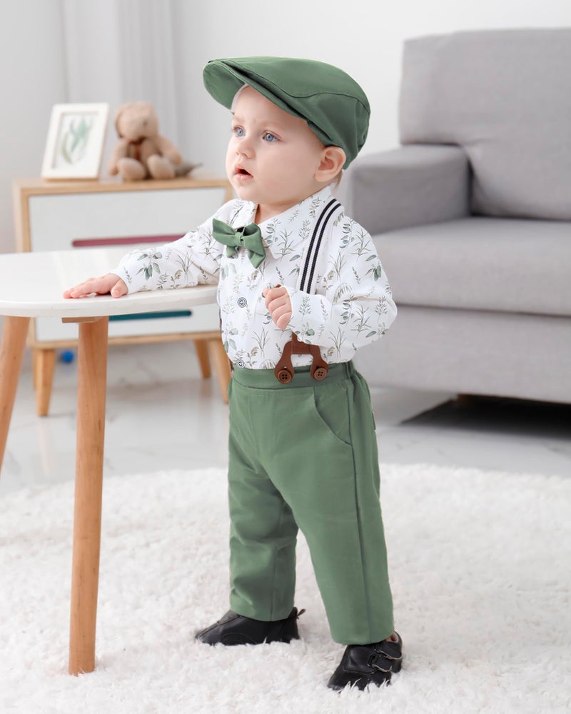 WESIDOM Baby Boy Clothes 0-24M Newborn Infant Gentleman Outfit, Shirt+Bowtie+Beret+Suspender Pant Baby boy Suit Clothing Set - Image 4