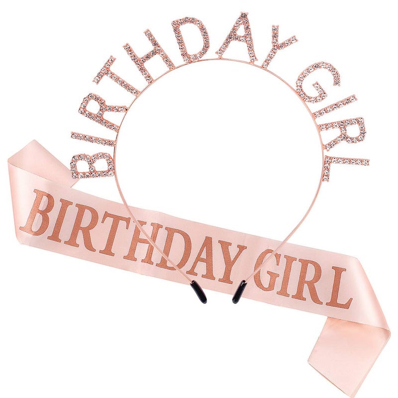 AOPRIE Rose Gold Birthday Tiara and Crown With Sash for Women  Rhinestone Princess Headband and Happy Birthday Accessories