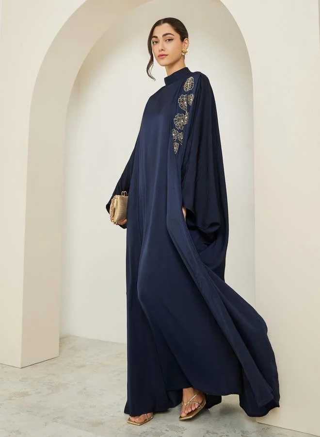 Amirah Women Navy Blue Embroidered Abaya with Jalabiya Set