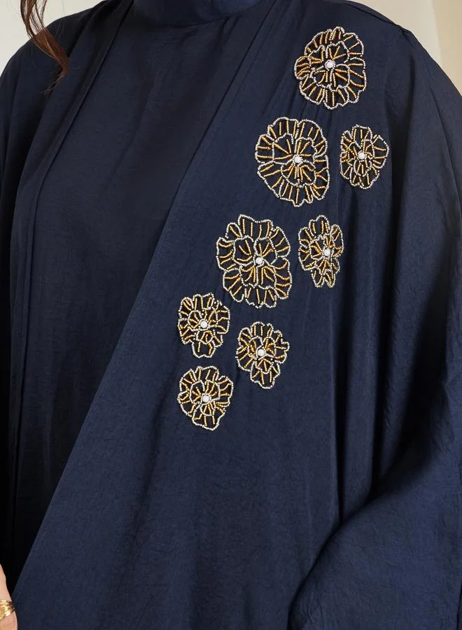 Amirah Women Navy Blue Embroidered Abaya with Jalabiya Set