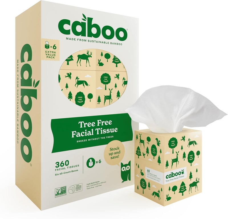 CABOO Tree Free Facial Tissue Paper, Tissue Box with 60 Sheets Per Cube, Total of 6 Cubes, 360 Total Tissues - Image 1
