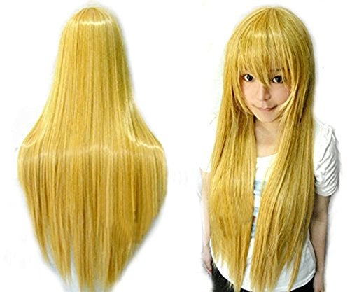 ANOGOL Hair Cap+32Inch/80cm Long Yellow Wig for Women Yellow Straight Wigs Long Straight Wigs Peluca Amarilla Larga for Halloween Anime Cosplay Party Wig With Bangs for Women Halloween Costumes - Image 1