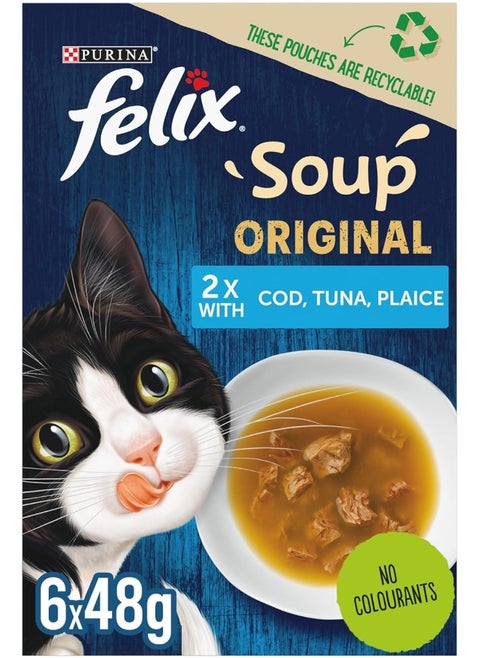 Purina Felix SOUP Original 2x with Cod, Tuna and Plaice, 48 gm, Pack of 6 Blue