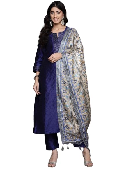 Varanga Women Navy Blue Woven Zari Embroidered Straight Kurta With Bottom And Dupatta (XL) - Image 5