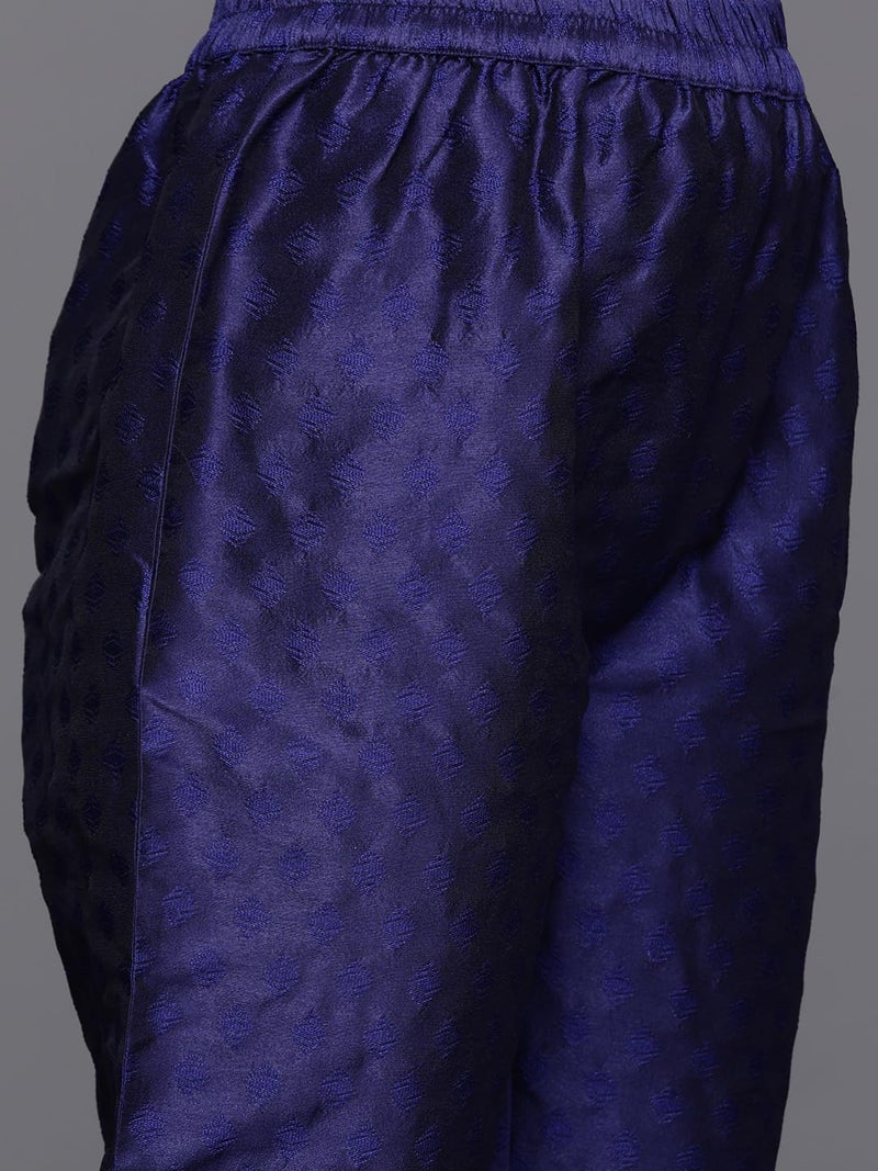 Varanga Women Navy Blue Woven Zari Embroidered Straight Kurta With Bottom And Dupatta (XL) - Image 4