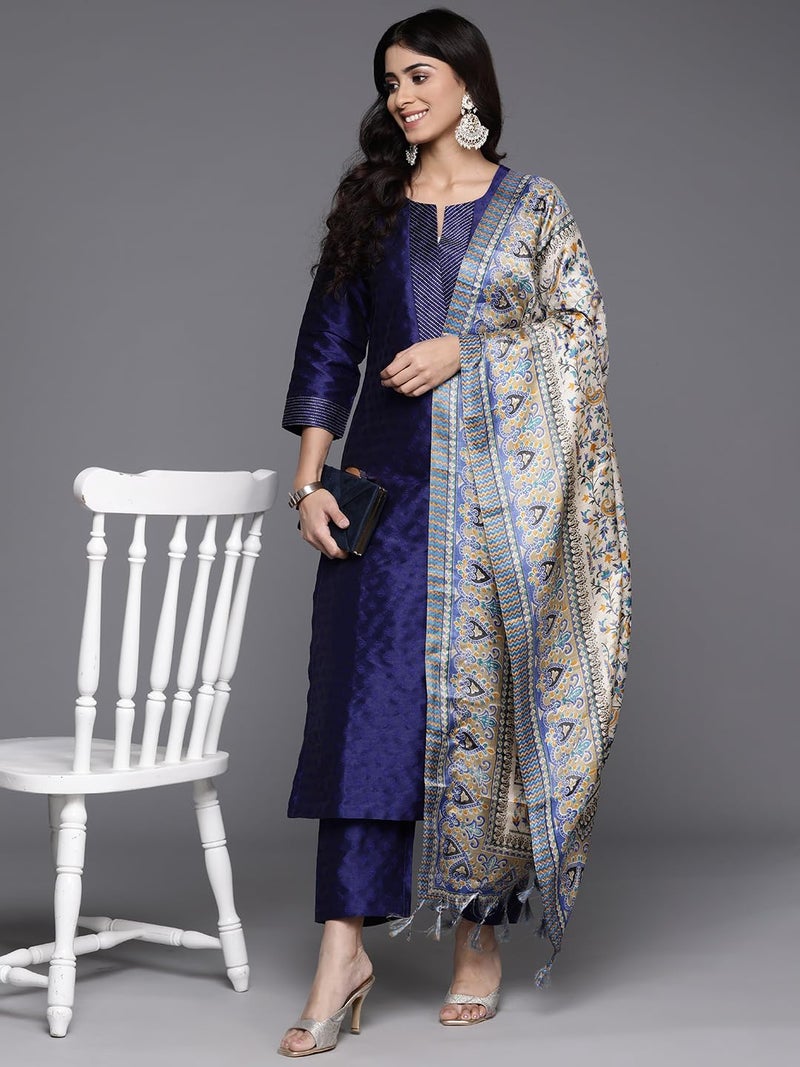 Varanga Women Navy Blue Woven Zari Embroidered Straight Kurta With Bottom And Dupatta (XL) - Image 2