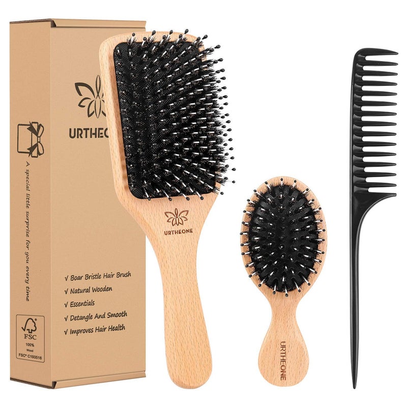 URTHEONE Boar Bristle Hair Brush and Comb Set for Women Men Kids, Best Natural Wooden Paddle Hairbrush and Small Travel Styling Brush for Wet or Dry Hair Detangling Smoothing Massaging