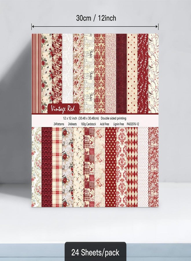 WLXTREE 24 Sheets Vintage Red Floral Scrapbook Textured Double-Sided Paper Pad 12"×12",160gsm Pattern Paper,Designer Planner Paper,Junk Journal Craft Paper,Card Making Supplies - Image 2