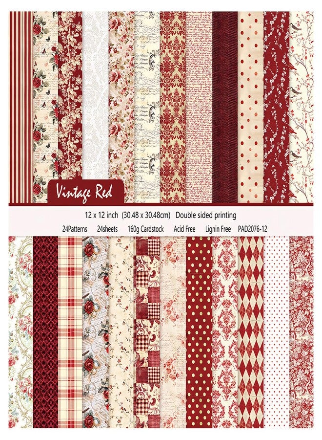 WLXTREE 24 Sheets Vintage Red Floral Scrapbook Textured Double-Sided Paper Pad 12"×12",160gsm Pattern Paper,Designer Planner Paper,Junk Journal Craft Paper,Card Making Supplies - Image 1