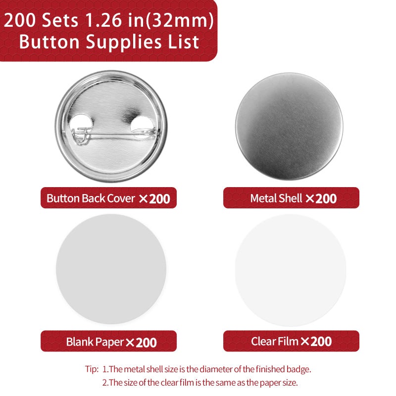 Onemorello 200 Sets Button Maker Supplies, 32mm / 1.26 inch Button Supplies Buttons Parts, (Approx. 1.25 inch) Metal Blank Badge Parts with Blank Paper for Buttons Maker Machine Pin Maker Press - Image 2