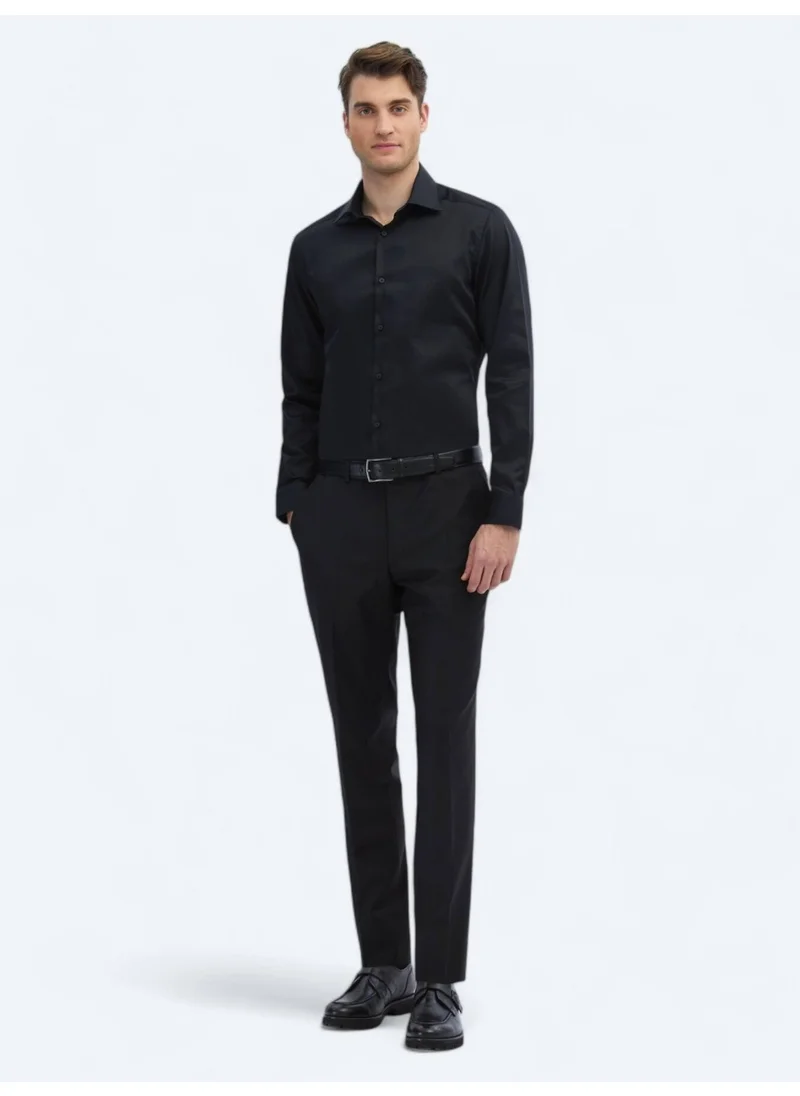 Kip Black Plain Slim Fit Woven Classic Cotton Shirt