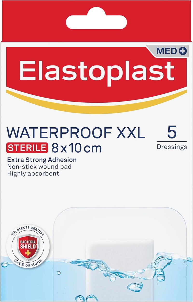 إيلاستوبلاست ضمادات Waterproof XXL Med+ (5 قطع)، علبة لصقات إسعافات أولية، لصقات كبيرة للجروح بعد العمليات الجراحية، ضمادات معقمة مقاومة للماء للجروح، خالية من اللاتكس، شفافة - Image 1