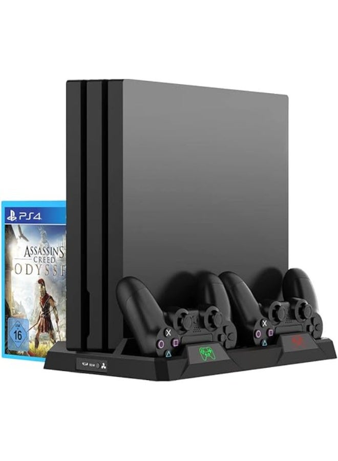 Vertical Charging Stand with Cooling Fan for PS4, PS4 Slim & PS4 Pro – Dual Controller Dock, 16 Game Storage & Accessories Organizer - Image 1