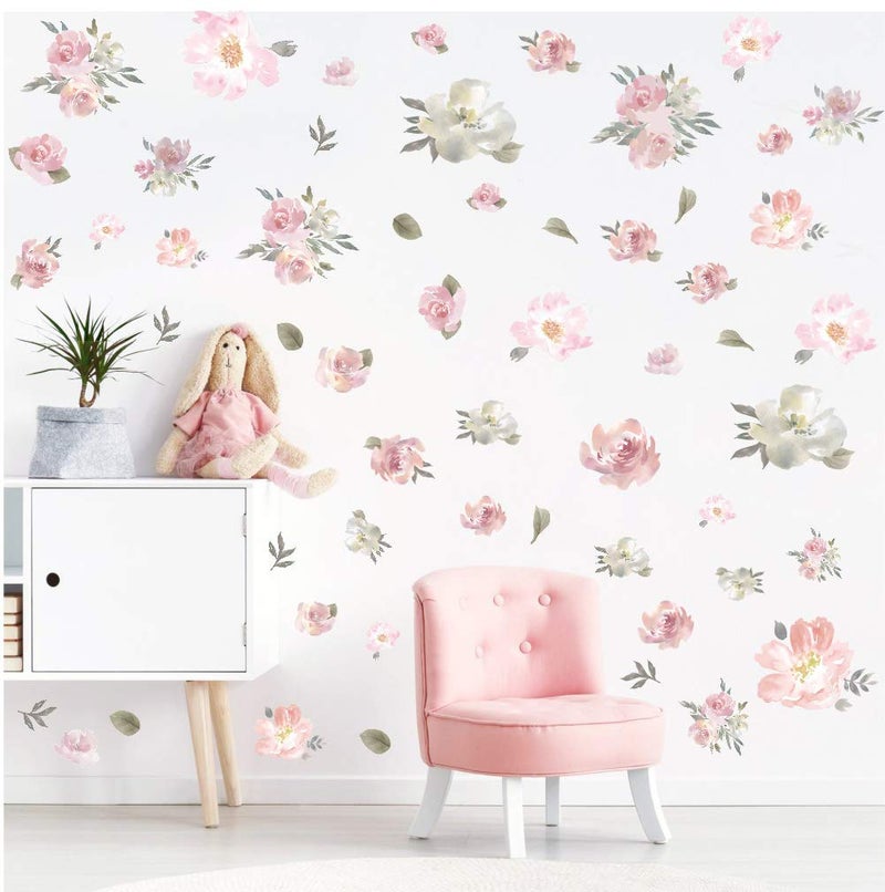 TOARTi Watercolor Pink Flowers Vinyl Wall Decal Blooming Peony Floral Wall Sticker for Girls Bedroom Wedding Party Decoration 56pcs Colorful Flowers Wall Stickers