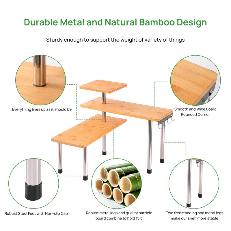Ollieroo 3 Tier Corner Shelf Bamboo Countertop Organizer Bookshelf Display Shelves Space Saving Rack for Living Room, Kitchen, Office (with Hooks) - Image 4
