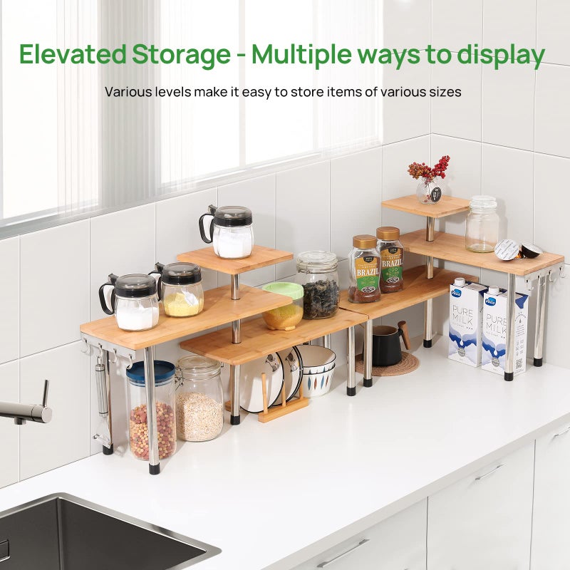Ollieroo 3 Tier Corner Shelf Bamboo Countertop Organizer Bookshelf Display Shelves Space Saving Rack for Living Room, Kitchen, Office (with Hooks) - Image 2