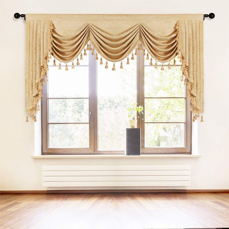 ELKCA Thick Chenille Window Curtains Valance for Living Room Luxury Gold Waterfall Valance for Bedroom W79 1 Panel