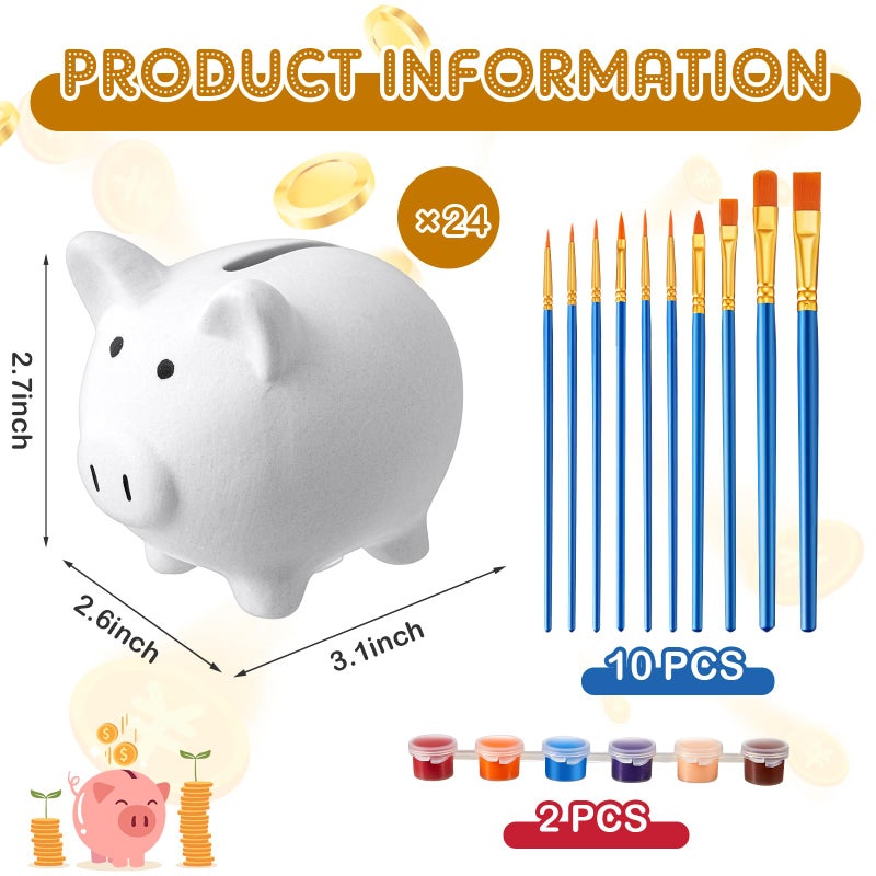 Skybooly 24 Pcs DIY Ceramic Piggy Banks Pig Coin Banks Xmas Gift Unglazed White for Boys Girls with 2 Paint Strips 10 Brushes Money Birthday Home Festival Fun Activities Gift - Image 2