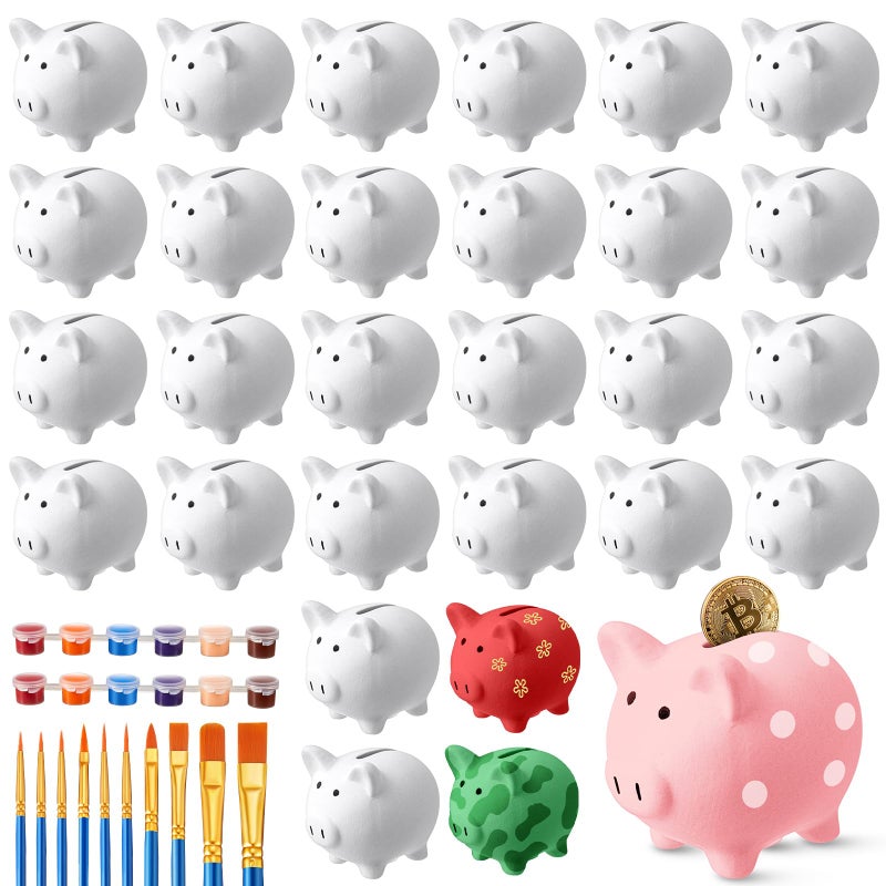 Skybooly 24 Pcs DIY Ceramic Piggy Banks Pig Coin Banks Xmas Gift Unglazed White for Boys Girls with 2 Paint Strips 10 Brushes Money Birthday Home Festival Fun Activities Gift - Image 1