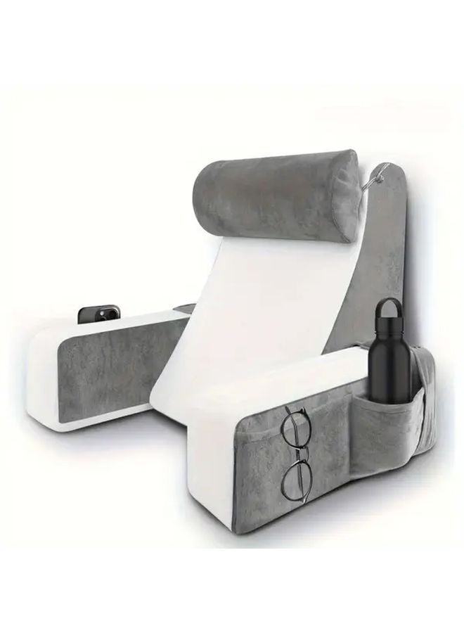 وسادة قراءة مريحة باللون الرمادي والأبيض ذات ارتداد بطيء مع مساند للذراعين ومسند للرأس وجيوب جانبية - Image 1