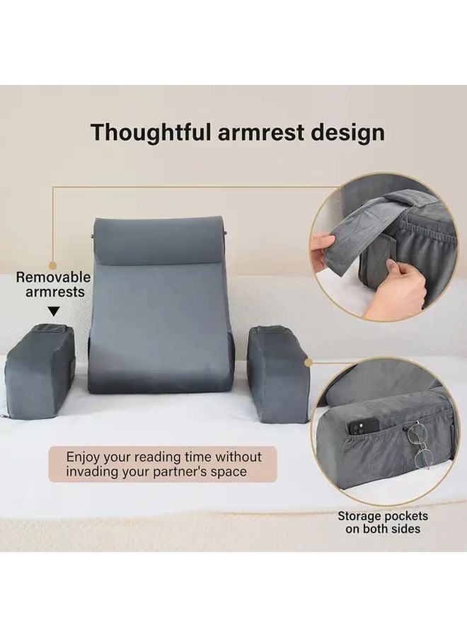 وسادة قراءة مريحة باللون الرمادي والأبيض ذات ارتداد بطيء مع مساند للذراعين ومسند للرأس وجيوب جانبية - Image 5