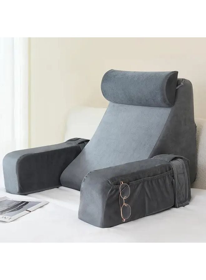 وسادة قراءة مريحة باللون الرمادي والأبيض ذات ارتداد بطيء مع مساند للذراعين ومسند للرأس وجيوب جانبية - Image 2