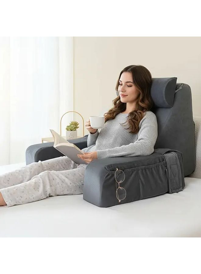 وسادة قراءة مريحة باللون الرمادي والأبيض ذات ارتداد بطيء مع مساند للذراعين ومسند للرأس وجيوب جانبية - Image 3