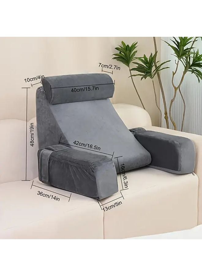 وسادة قراءة مريحة باللون الرمادي والأبيض ذات ارتداد بطيء مع مساند للذراعين ومسند للرأس وجيوب جانبية - Image 4