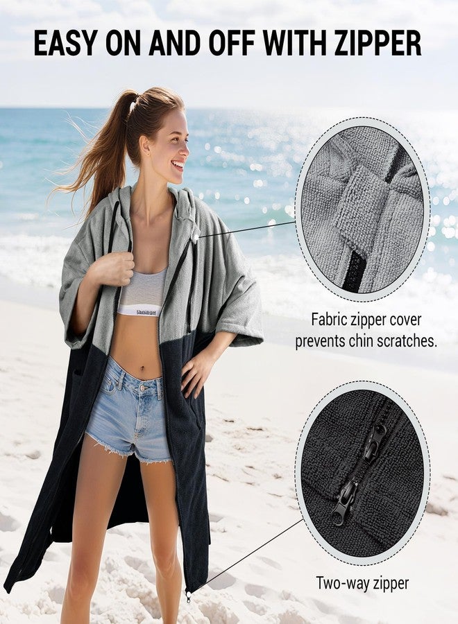 Zingtto Surf Poncho Changing Towel, 3/4 Sleeve Zippered Extra Large Thick Hoodie Towel Poncho for Men Women Beach Swimming Changing Robe, Middle, Black Gray - Image 3
