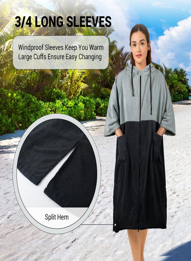 Zingtto Surf Poncho Changing Towel, 3/4 Sleeve Zippered Extra Large Thick Hoodie Towel Poncho for Men Women Beach Swimming Changing Robe, Middle, Black Gray - Image 4