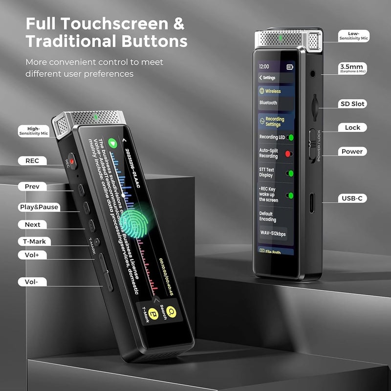 innioasis Temp & permanent project compatible 136GB Voice Recorder Device with Playback, Full Touchscreen Audio Recording Device with AI Intelligent Transcription and Bluetooth, Voice Recorder Mic and Voice Activated Recorder (Silver) Worldwide popular practical build - Image 2