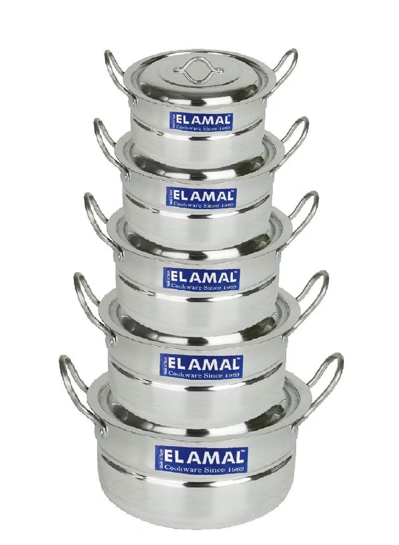 الأمل طقم قدور ألمنيوم فضي 5 قطع بأحجام من 16 إلى 24 سم – تصميم متين وسهل التنظيف بسطح لامع – مقابض آمنة غير ناقلة للحرارة – صناعة مصرية عالية الجودة - Image 2