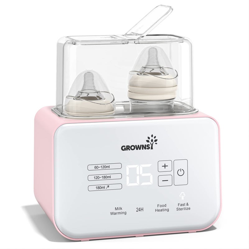 GROWNSY Baby Bottle Warmer Gronwsy 8in1 Fast Milk Warmer with Timer Breastmilk or Formula Fits 2 Bottles Accurate Temperature Control with Defrost Sterilizing Keep Heat Baby Food Jars Function 