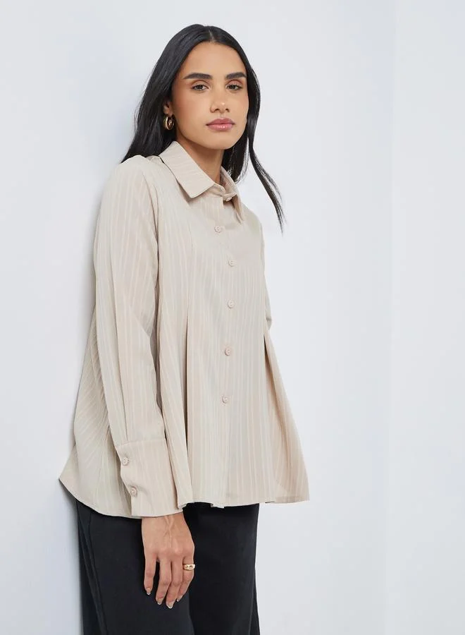 Styli Textured Pleated Spread Collar Shirt