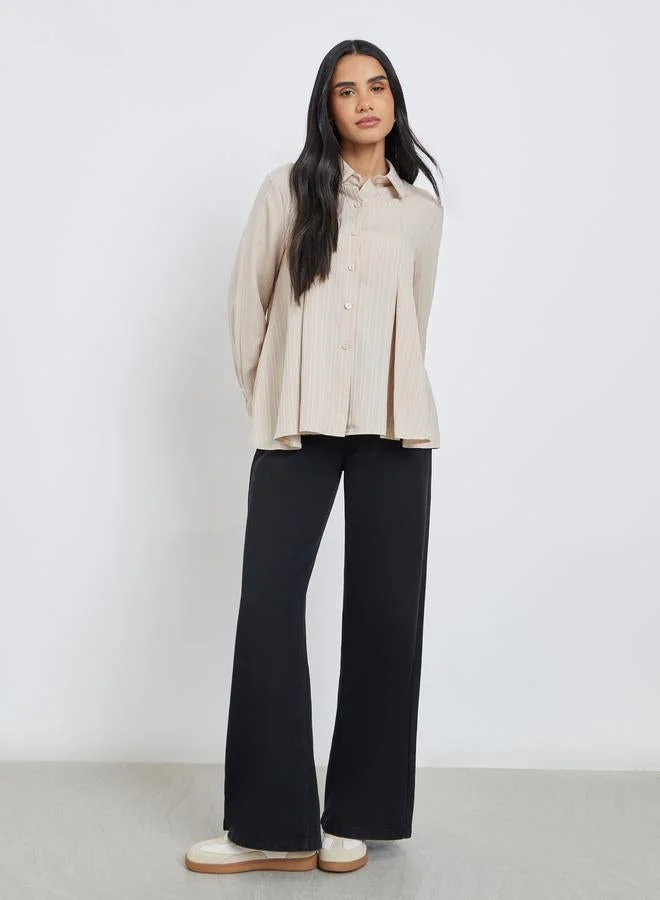 Styli Textured Pleated Spread Collar Shirt