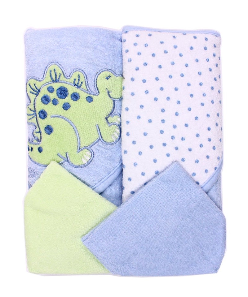 Spasilk Hooded Terry Bath Towel with Washcloths, Dino Blue, 2-Count