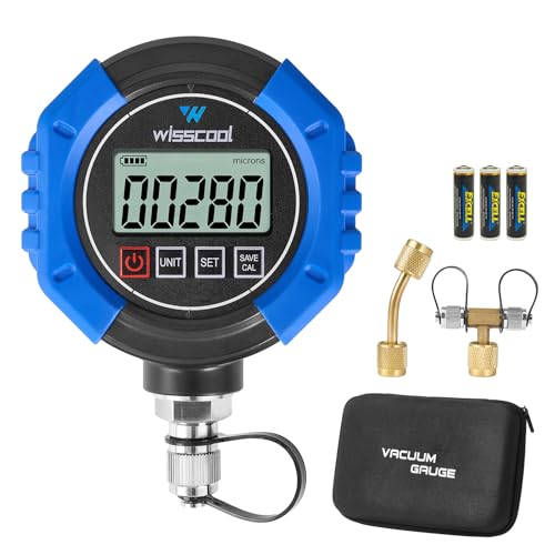 WISSCOOL Digital Vacuum Gauge, HVAC Micron Gauge Tester, HVAC Vacuum Pressure Gauge, 0-75,000 Microns, 7/16-20 UNF, 4 Units(Microns, mbar, inHg, pa), 1/4" SAE Extension Connector and T-Connector - Image 1