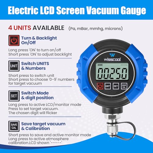 WISSCOOL Digital Vacuum Gauge, HVAC Micron Gauge Tester, HVAC Vacuum Pressure Gauge, 0-75,000 Microns, 7/16-20 UNF, 4 Units(Microns, mbar, inHg, pa), 1/4" SAE Extension Connector and T-Connector - Image 3