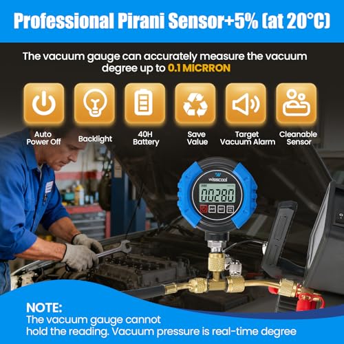 WISSCOOL Digital Vacuum Gauge, HVAC Micron Gauge Tester, HVAC Vacuum Pressure Gauge, 0-75,000 Microns, 7/16-20 UNF, 4 Units(Microns, mbar, inHg, pa), 1/4" SAE Extension Connector and T-Connector - Image 4