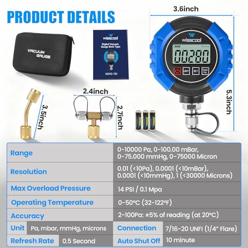 WISSCOOL Digital Vacuum Gauge, HVAC Micron Gauge Tester, HVAC Vacuum Pressure Gauge, 0-75,000 Microns, 7/16-20 UNF, 4 Units(Microns, mbar, inHg, pa), 1/4" SAE Extension Connector and T-Connector - Image 2