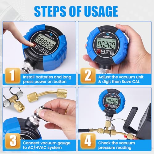 WISSCOOL Digital Vacuum Gauge, HVAC Micron Gauge Tester, HVAC Vacuum Pressure Gauge, 0-75,000 Microns, 7/16-20 UNF, 4 Units(Microns, mbar, inHg, pa), 1/4" SAE Extension Connector and T-Connector - Image 5
