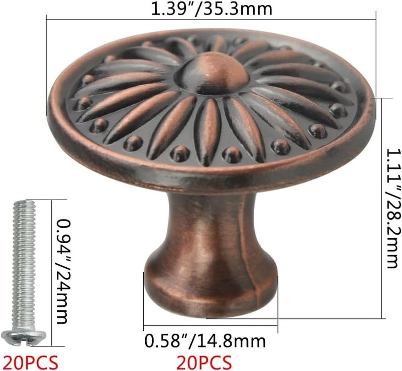 WMYCONGCONG WMYCONGCONG 20 PCS Antique Dresser Knobs Round Pulls 35mm Diameter Vintage Flower Pattern Single Hole Pull Knob with Screws for Kitchen Cabinet Drawer Cupboard Closet Door Wardrobe  - Image 2