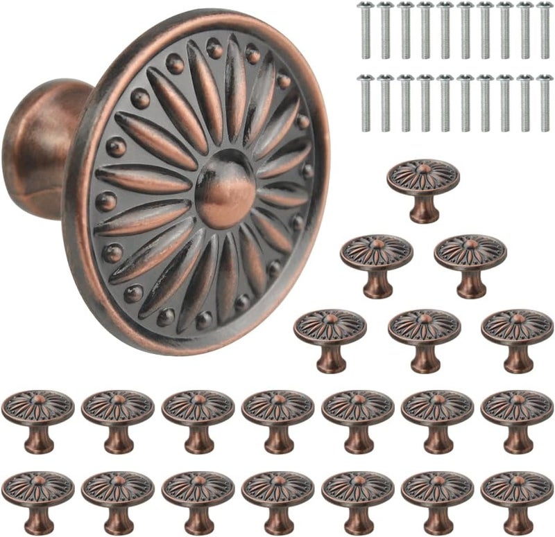 WMYCONGCONG WMYCONGCONG 20 PCS Antique Dresser Knobs Round Pulls 35mm Diameter Vintage Flower Pattern Single Hole Pull Knob with Screws for Kitchen Cabinet Drawer Cupboard Closet Door Wardrobe  - Image 1